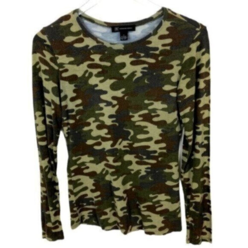 INC | Women's Green Long Sleeve Crew Neck Camouflage Top Size Small